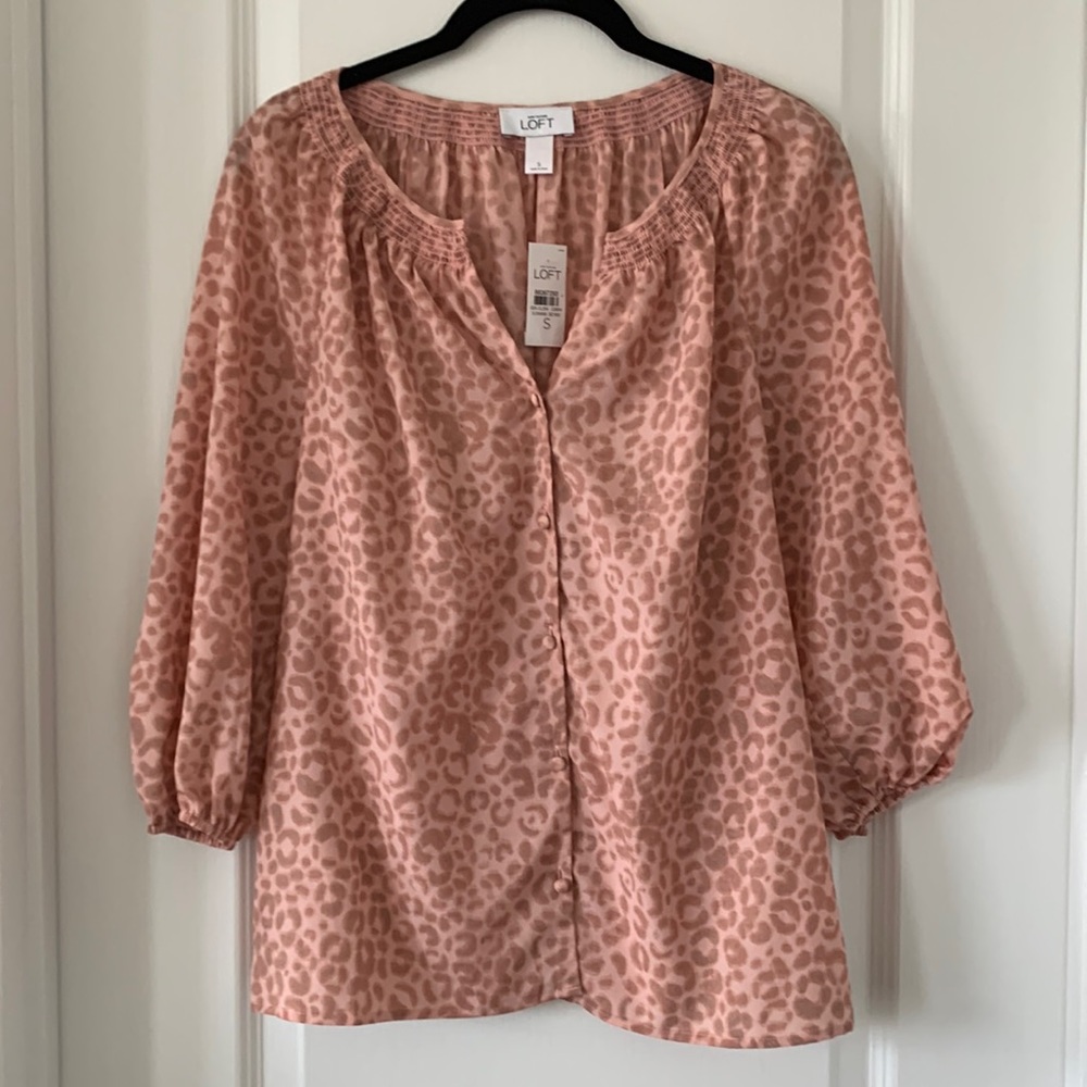NWT LOFT Pink Animal Print Split Neck Button-Front Blouse Size Small